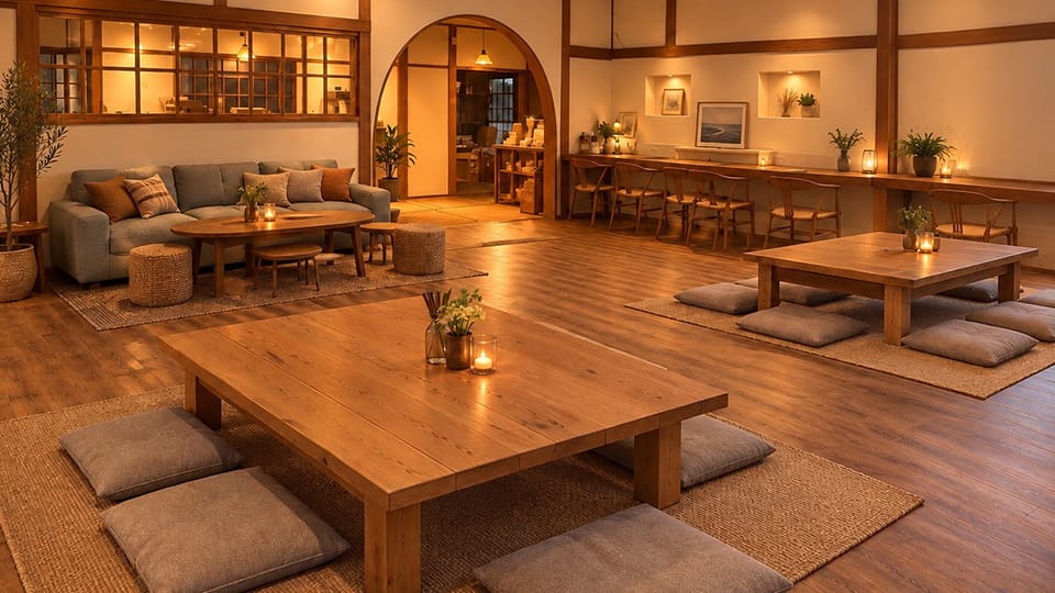座卓とソファが並ぶカフェの店内